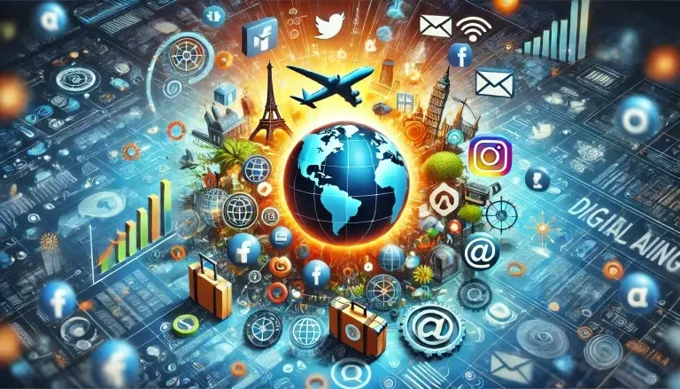 Blog 41 Digital marketing concept with globe, social media icons, analytics, and global landmarks representing international online communication.