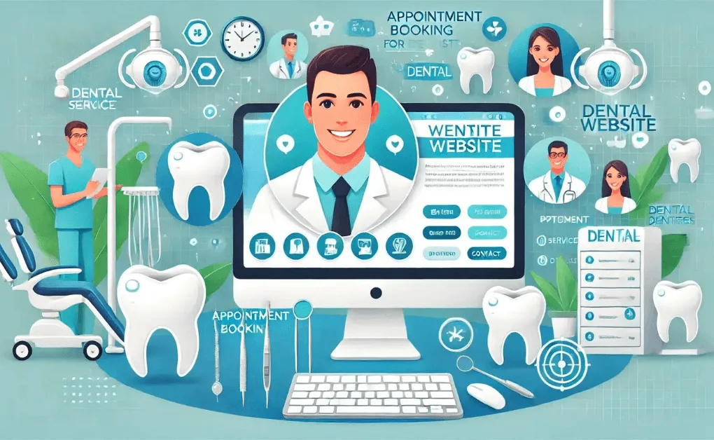 Blog 39 Illustration of a dental website with appointment booking, dental tools, dentist profiles, and patient services.